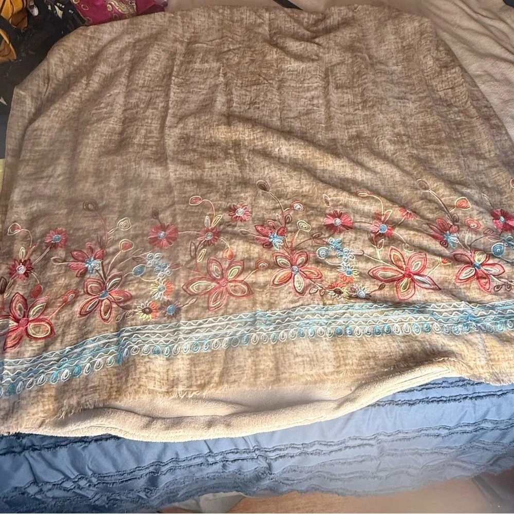 Rare Haw by Twentynine‎ Palms Tan Oversize Floral Embroidered Scarf